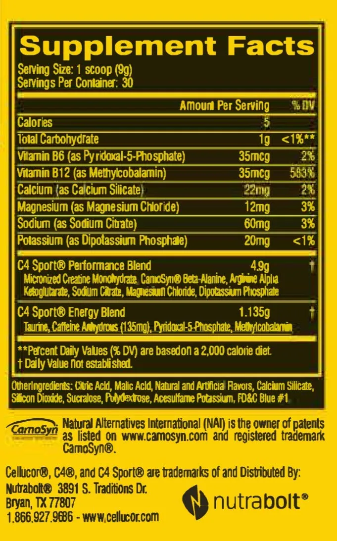 Cellucor C4 Sport Pre Workout Powder Sports Hydration & Energy Drink Supplement With Creatine monohydrate & beta Alanine, Blue Raspberry, 30 Servings