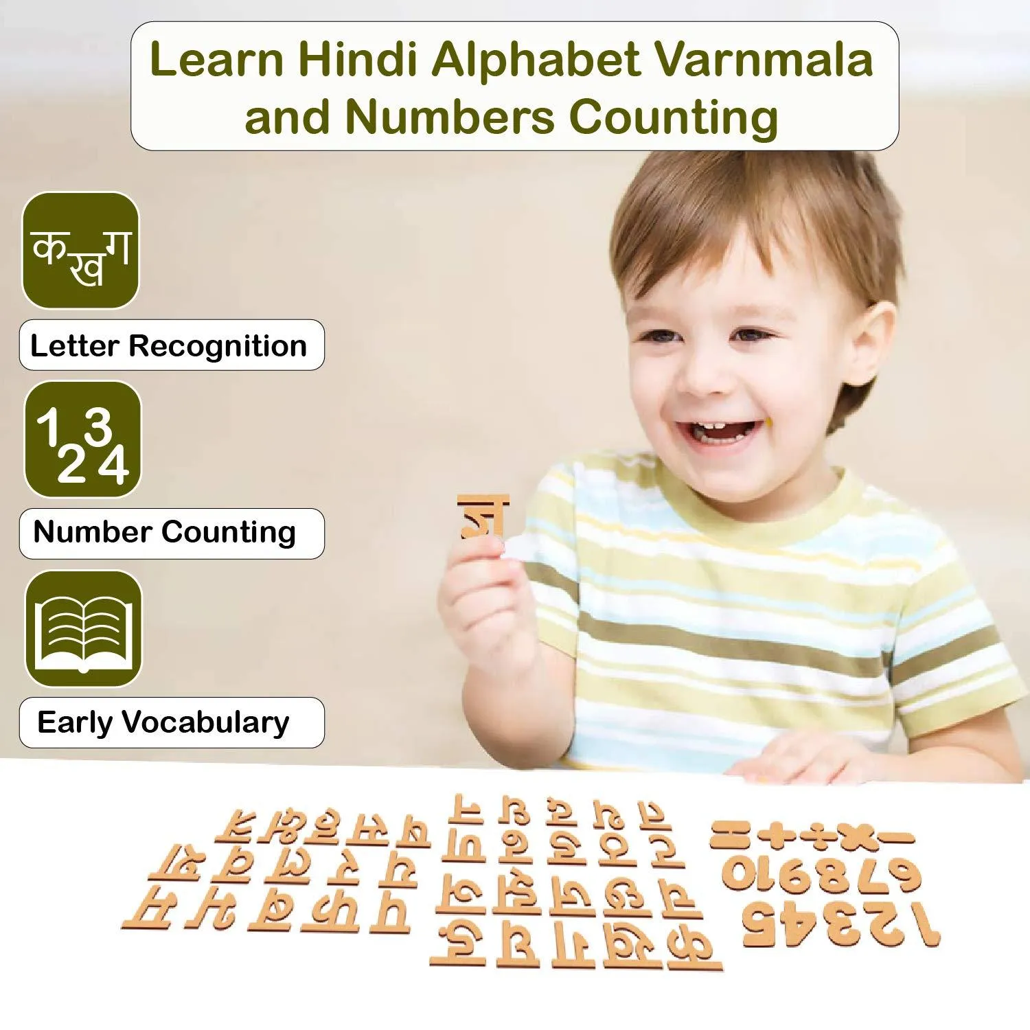 Cliths Wooden Hindi Consonant & 0-9 Numbers - Set of 2 (104 Pcs) Hindi Alphabets & Number Cutouts.