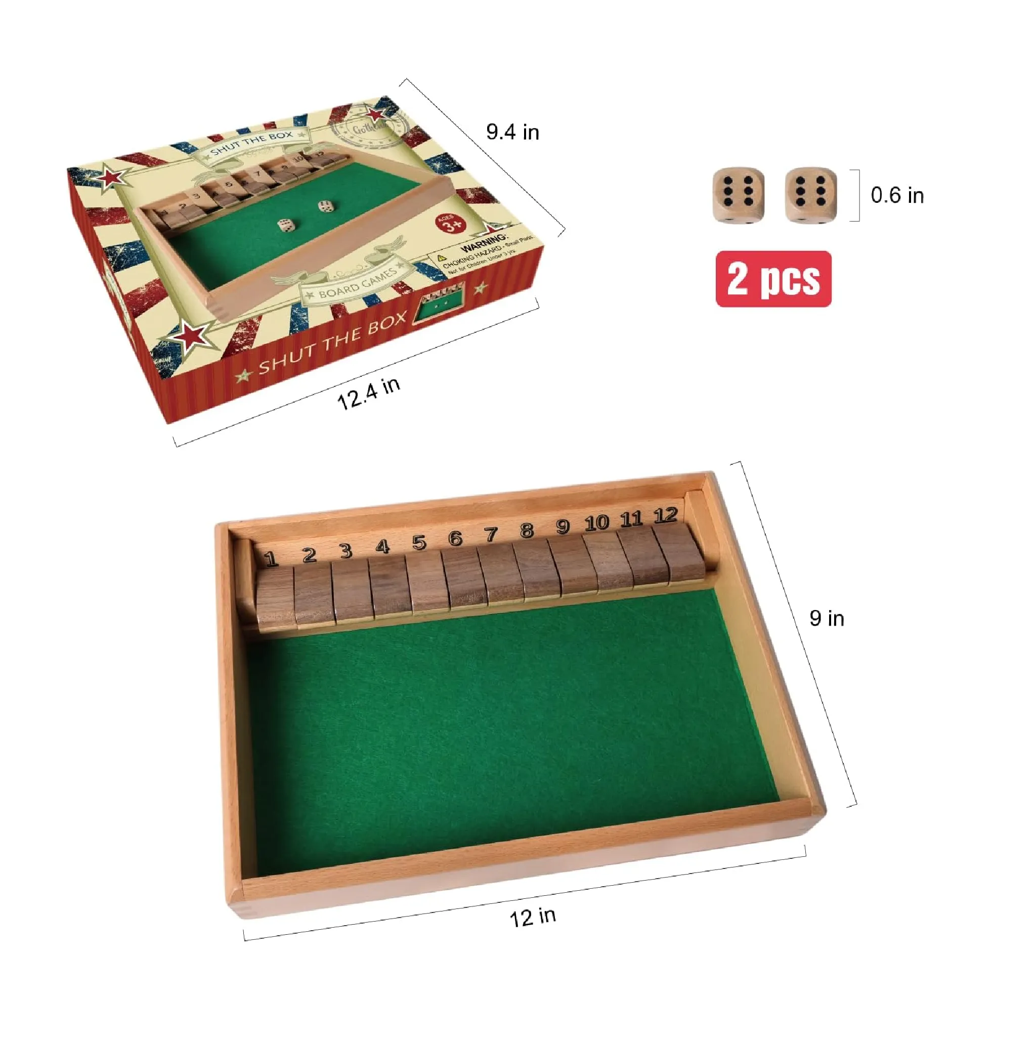 GOTHINK Shut The Box Dice Game Traditional Wooden Table Math Board Game for Kids & Adults 12 inch with 2pcs Dices Perfect for Family