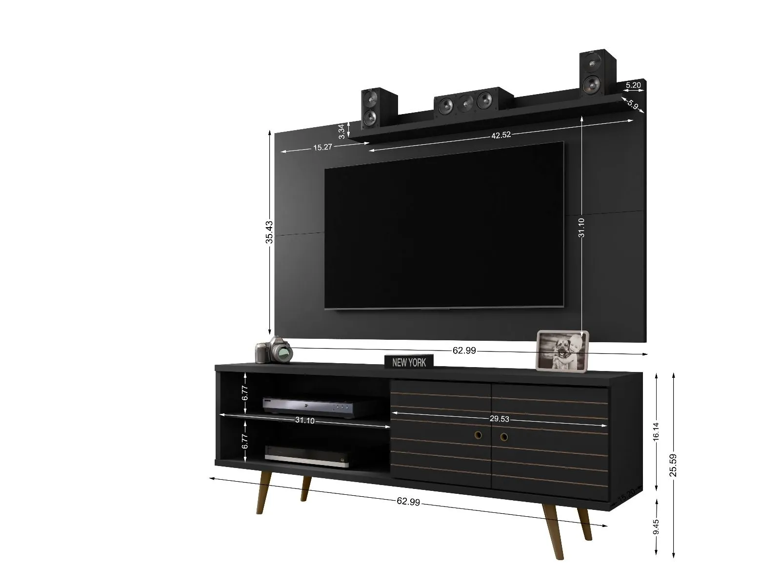Liberty 62.99 Mid-Century Modern TV Stand and Panel with Solid Wood Legs in Black