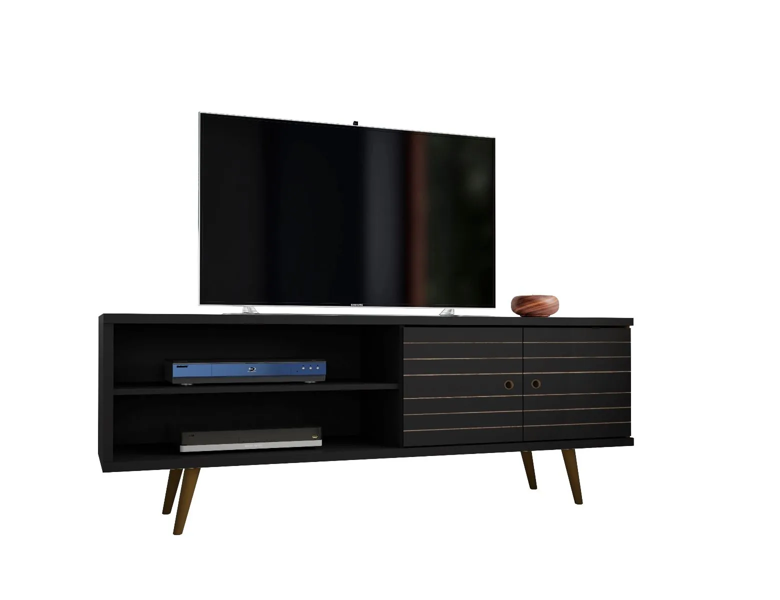 Liberty 62.99 Mid-Century Modern TV Stand and Panel with Solid Wood Legs in Black