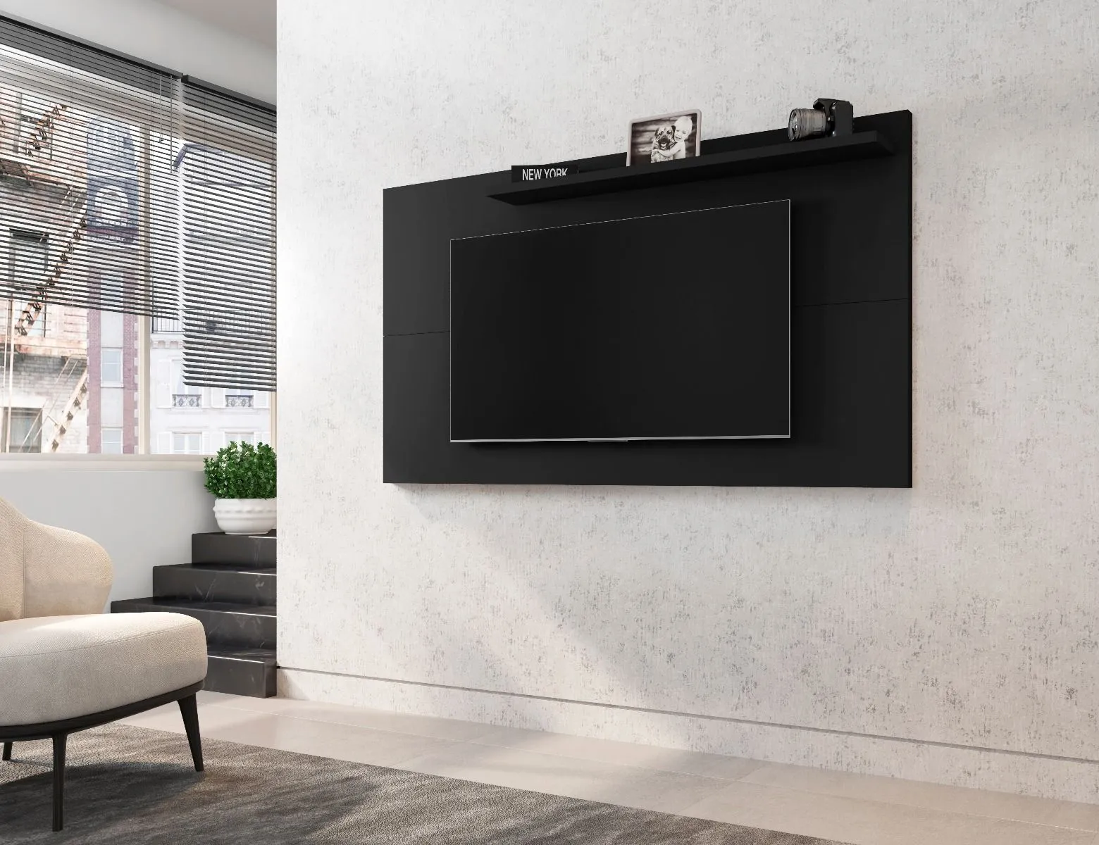 Liberty 62.99 Mid-Century Modern TV Stand and Panel with Solid Wood Legs in Black