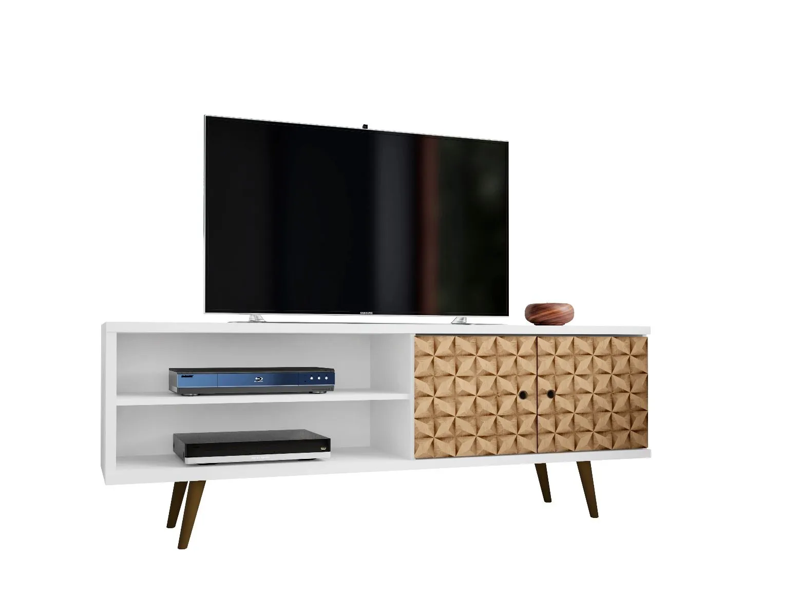 Liberty 62.99 Mid-Century Modern TV Stand and Panel with Solid Wood Legs in White and 3D Brown Prints