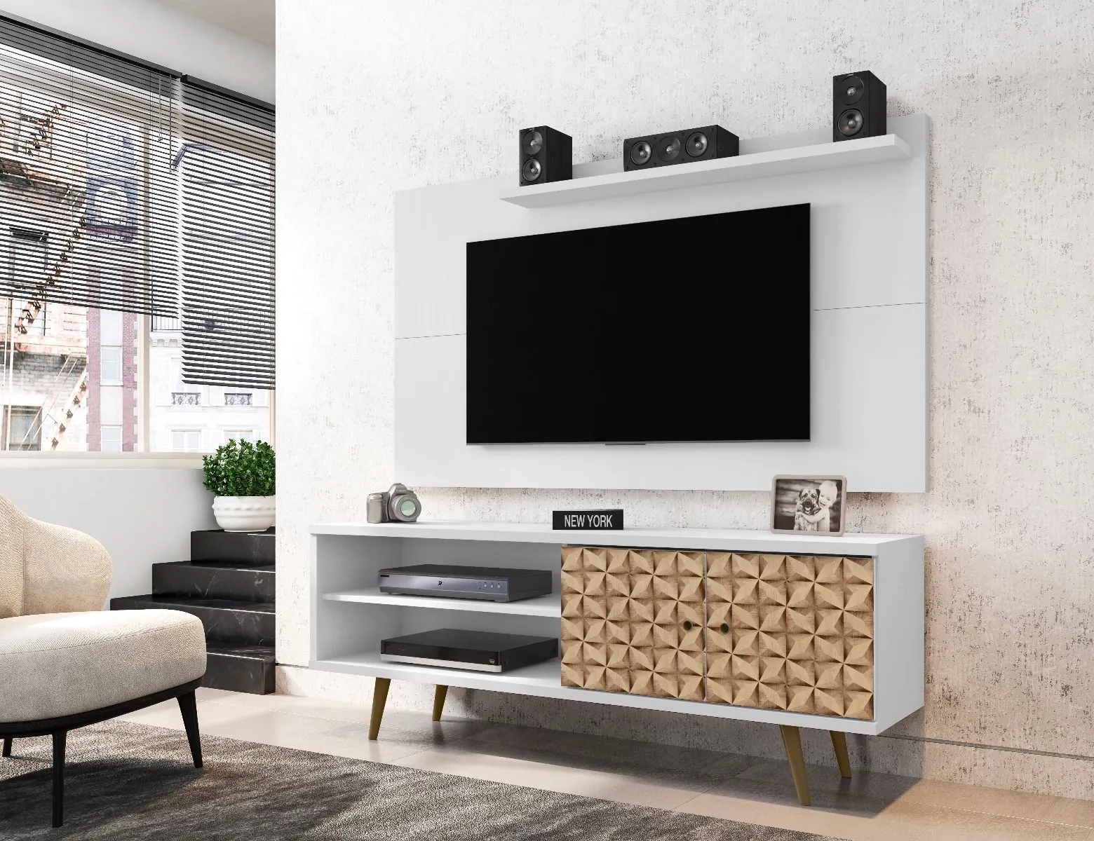 Liberty 62.99 Mid-Century Modern TV Stand and Panel with Solid Wood Legs in White and 3D Brown Prints