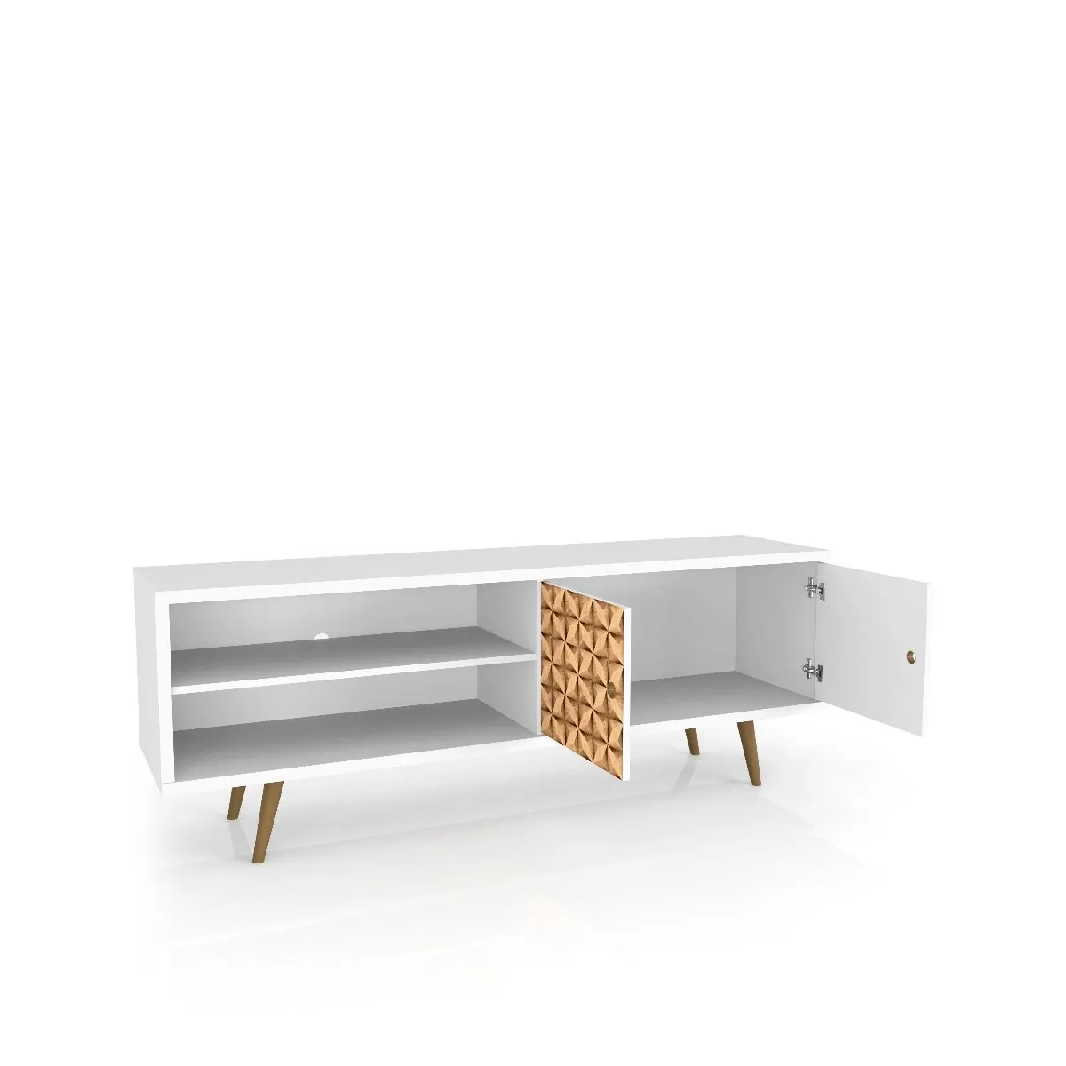 Liberty 62.99 Mid-Century Modern TV Stand and Panel with Solid Wood Legs in White and 3D Brown Prints