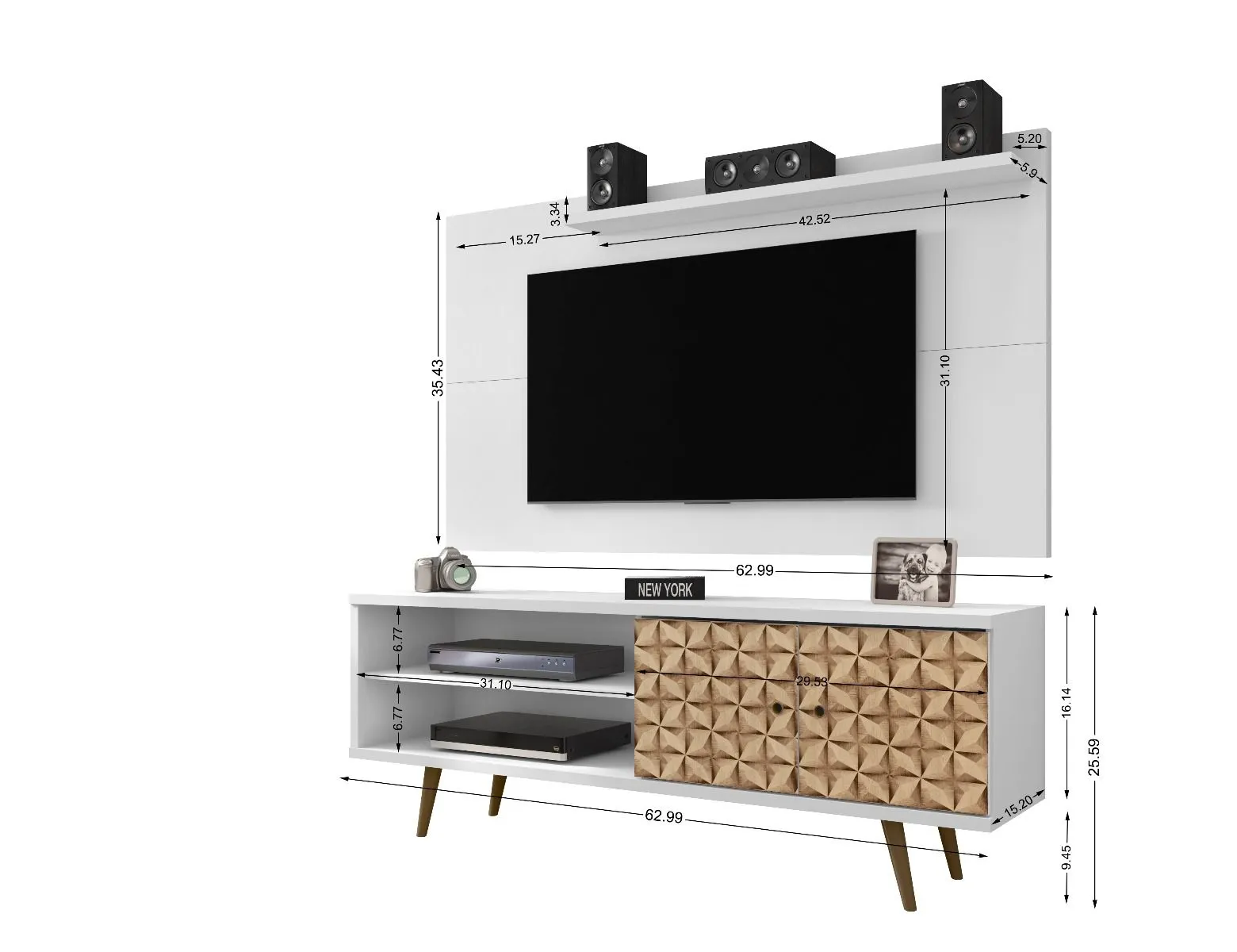 Liberty 62.99 Mid-Century Modern TV Stand and Panel with Solid Wood Legs in White and 3D Brown Prints