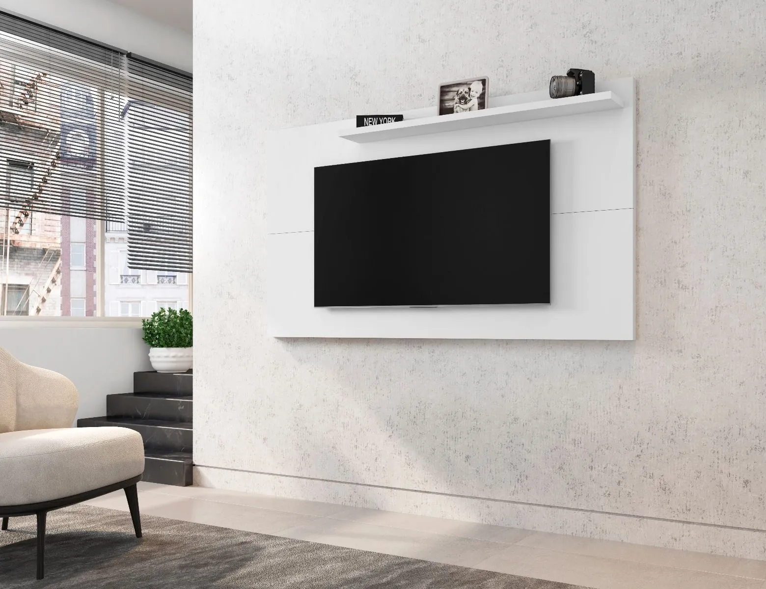 Liberty 62.99 Mid-Century Modern TV Stand and Panel with Solid Wood Legs in White and 3D Brown Prints