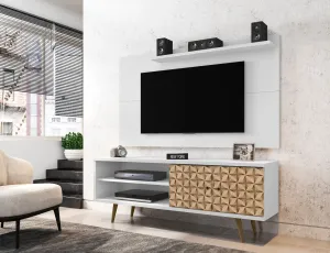 Liberty 62.99 Mid-Century Modern TV Stand and Panel with Solid Wood Legs in White and 3D Brown Prints