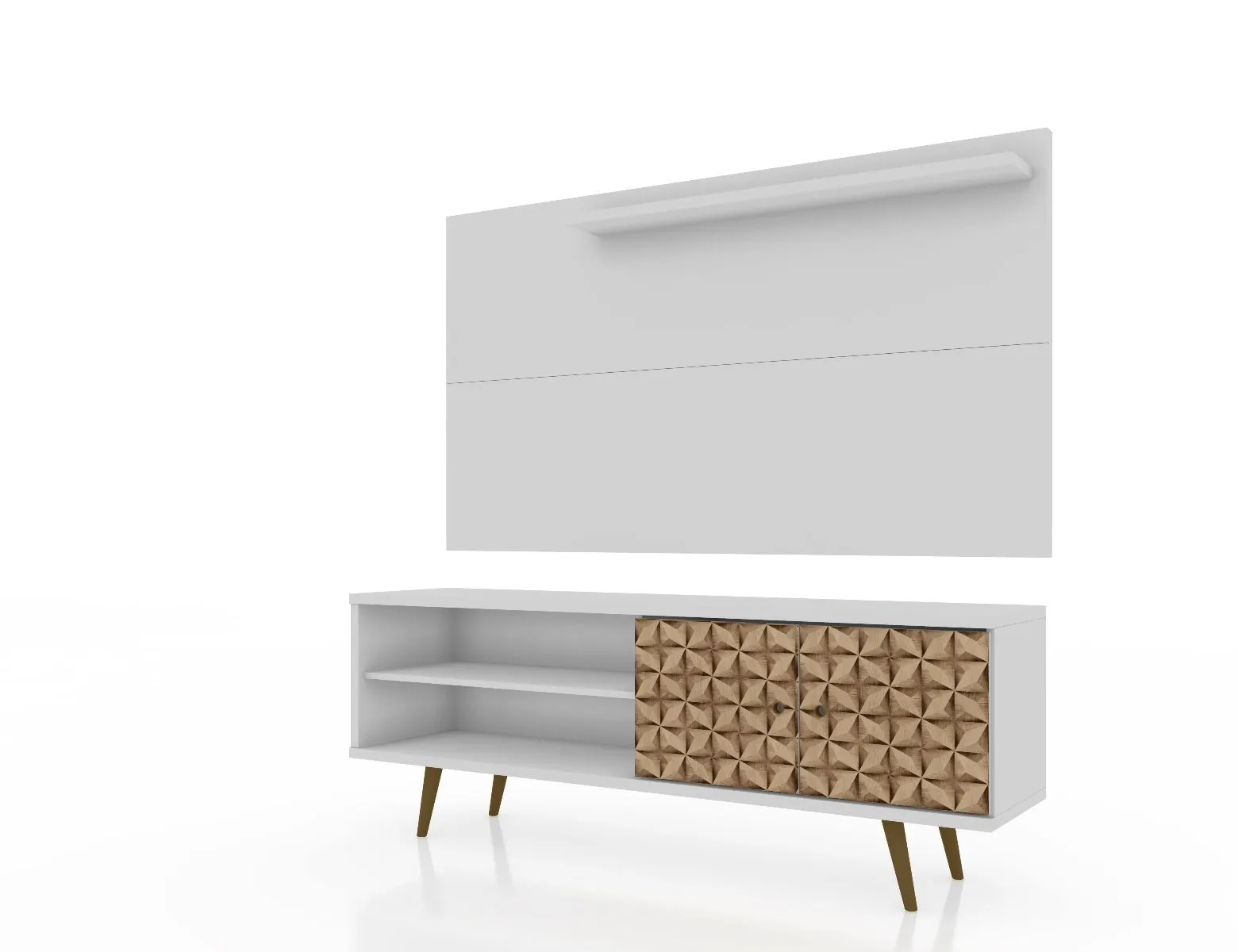 Liberty 62.99 Mid-Century Modern TV Stand and Panel with Solid Wood Legs in White and 3D Brown Prints
