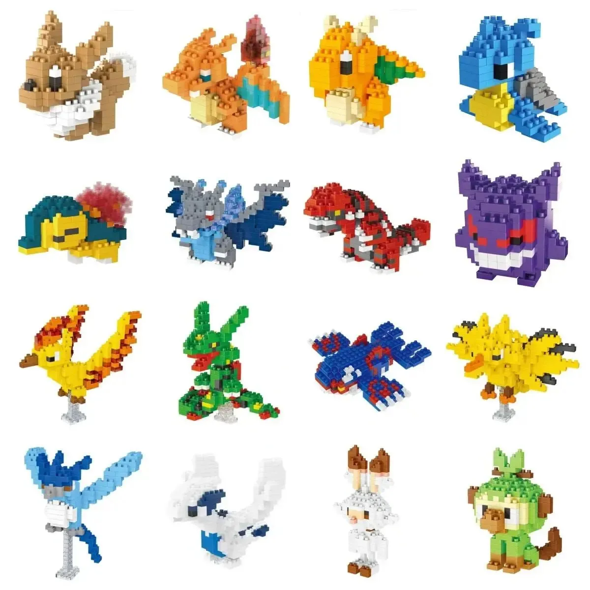 Pokemon Small Blocks Nanoblocks, featuring models of Charizard, Kyogre, Groudon, and Rayquaza, are educational and visually engaging toys, ideal for children's birthday presents.